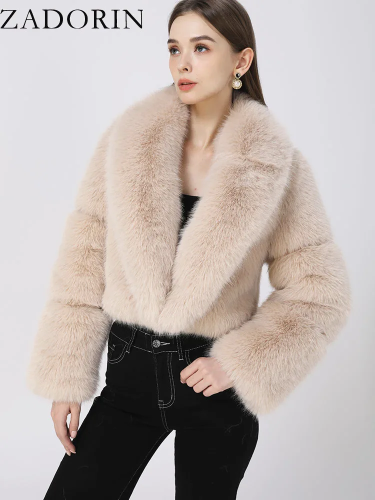 ZADORIN Luxury Designer Clothing Women Cropped Black Faux Fox Fur Coat Women Long Sleeve Fluffy Faux Fur Jacket Winter Fur Coats