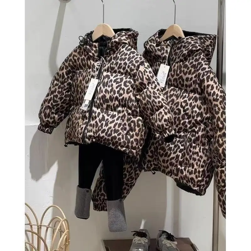 

Children's Down Cotton Jacket Winter Korean Fashionable Boys and Girls Leopard Pattern Two Sided Thick Hooded Cotton Coat 2-12Y