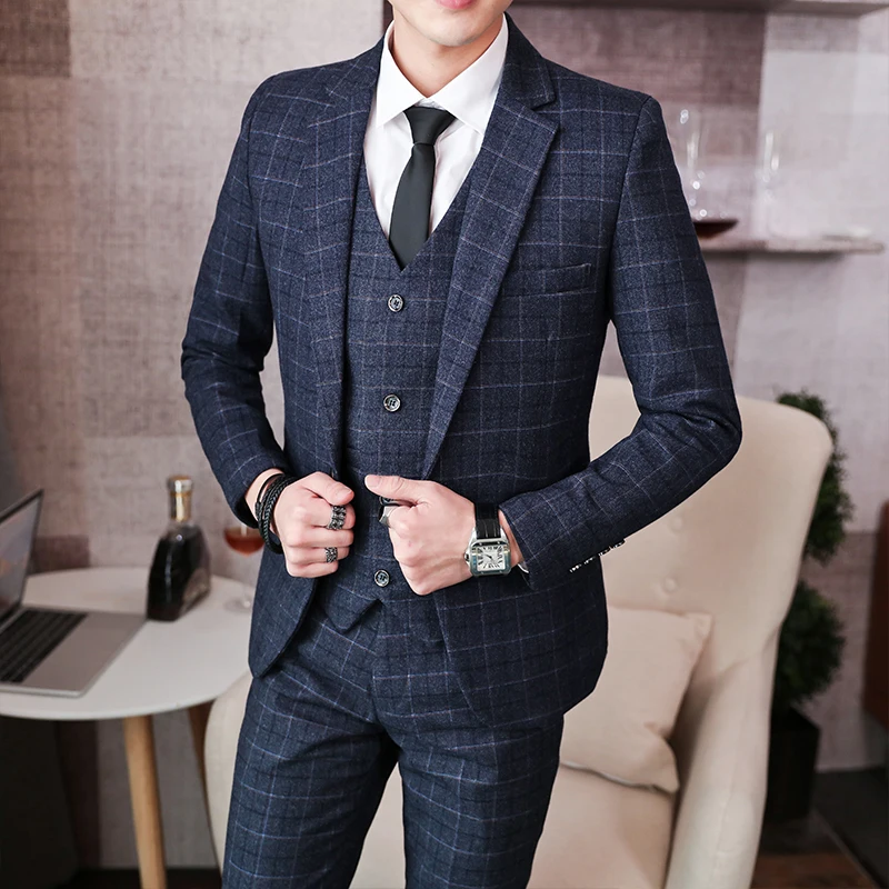 2023 Plaid Suit 3 Piece Korean Version Slim Business Casual Formal Suit Groom Wedding Dress Groomsmen Blazers Jacket Pants Vest