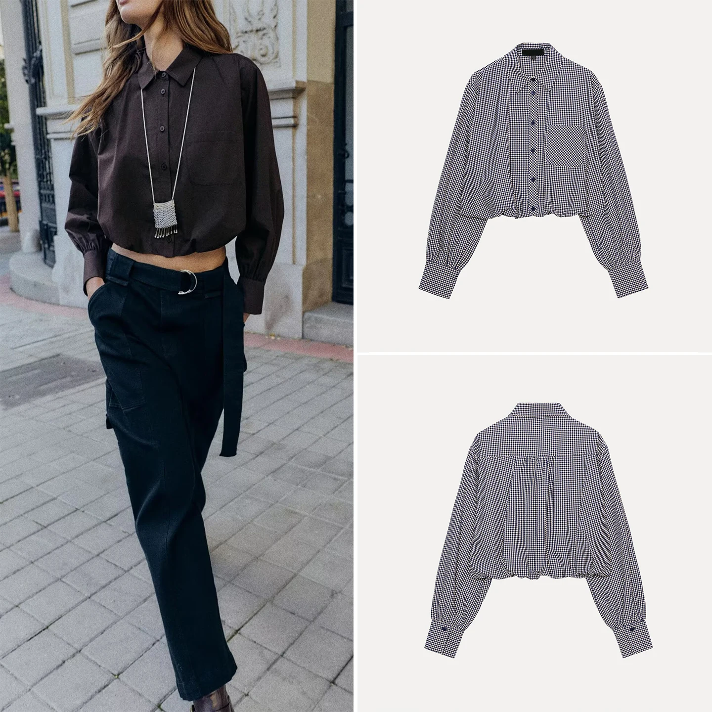 

Casual Sle Women's irt Faionable Versatile Small Plaid Balloon Sve 2025 Autumn New Arrival Z ort Length