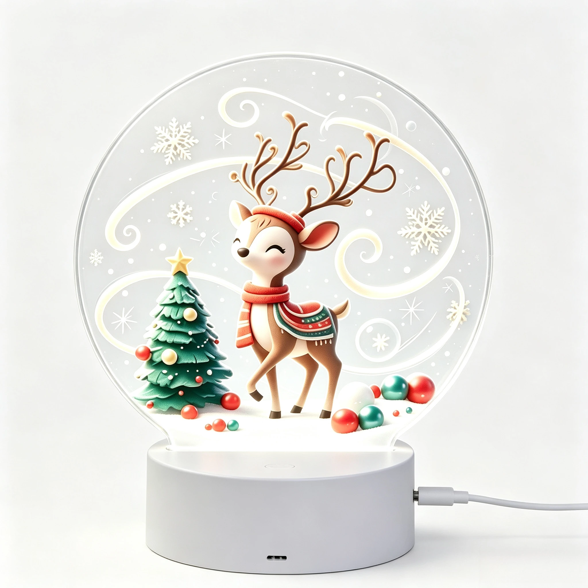 Cute Reindeer Christmas Acrylic Night Light, Winter Snowflake Table Lamp Decor