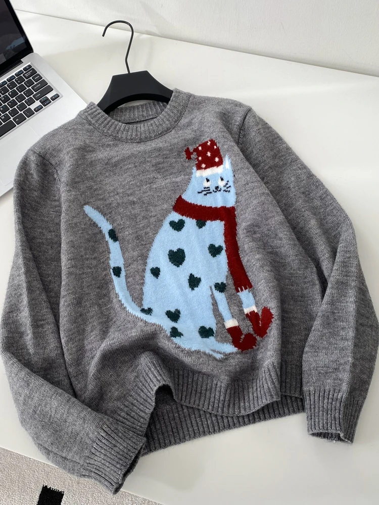 韓国 Sle ラウンドネックプルオーバーセーター レディース ルーズ ロングスリーブ 秋 かわいい プリント 着痩せ ニットウェア 通勤