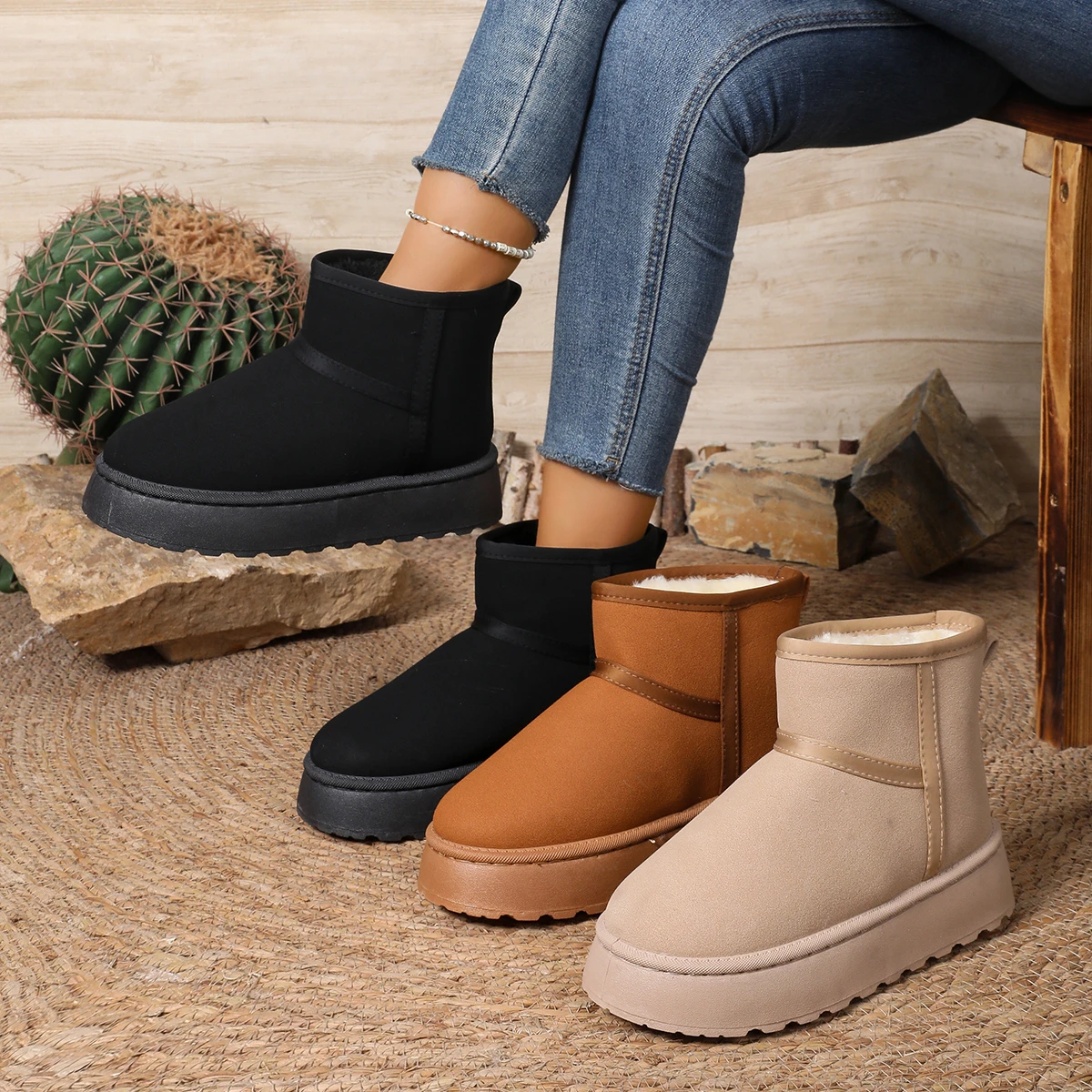 

2025 New Women Ankle Boots Slip-On Thickened Fluff Shoes Keep Warm Fur Cotton Shoes Woman Thick Plush Platform Snow Boots Women