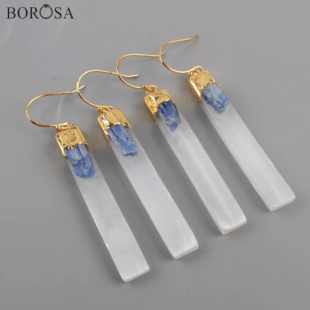 BOROSA Golden Color Electroplated Selenite Quartz & Kyanite Bar Earrings Natural Gemstone Dangle Earring Jewelry For Women Gifts