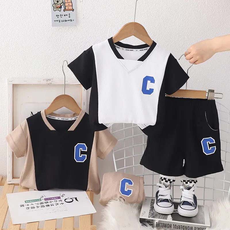 

New Kids Boys Summer Clothes Patchwork Children Clothing Boy Short Sleeve Cartoon Baby T-Shirts Short Pants Tracksuit Suit Set