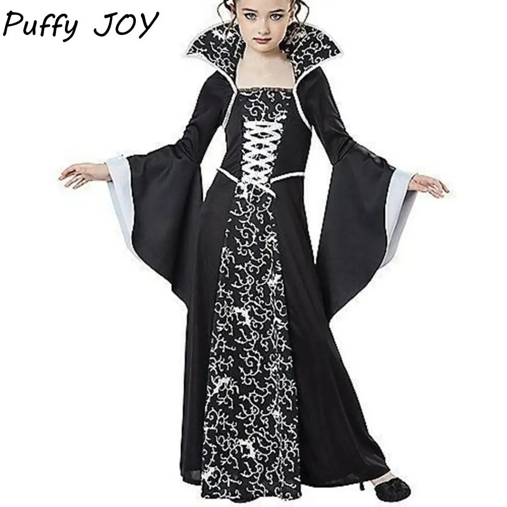 

Stand Collar Halloween Clothing Bell Sleeve Funny Halloween Witch Long Dress Party Lace Up Children Medieval Printed Dress