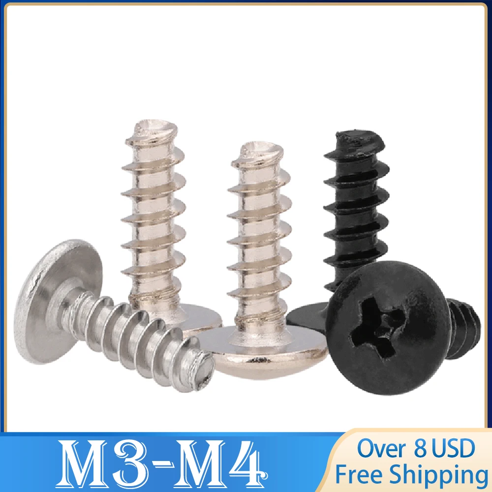 

50pcs M3 M3.5 M4 Black Zinc/ Nickel Plated/ 304 Stainless Steel Phillips Cross Mushroom Truss Head Flat End Self Tapping Screws