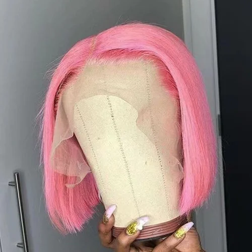 Imagen 1 del producto Resaltar pelucas de Bob corto liso de color rosa cabello humano prearrancado 13x4 peluca Frontal de encaje transparente rosa roja Bob para mujeres