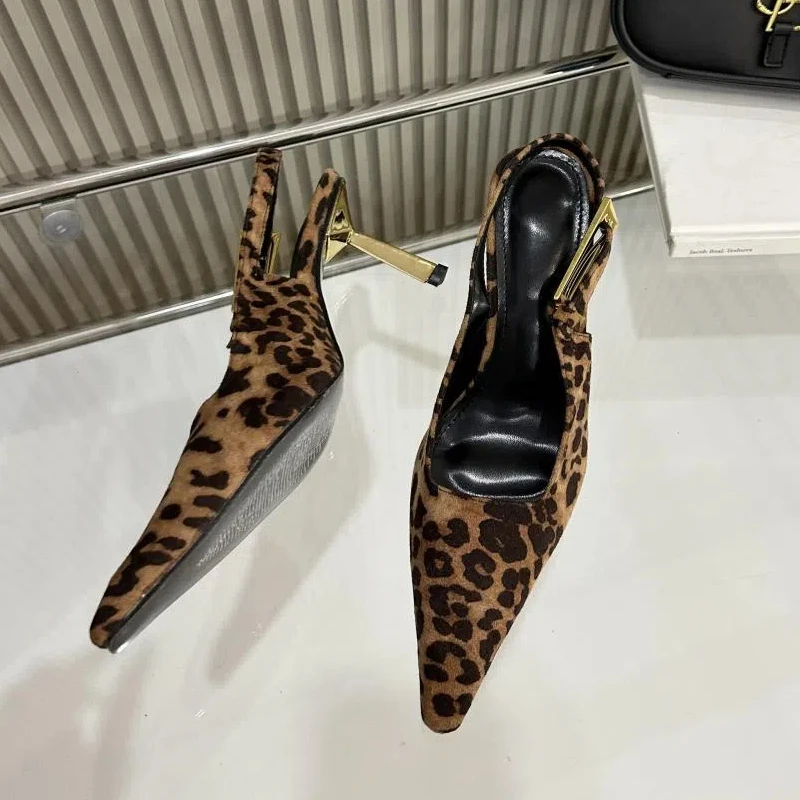 

New Spring and Autumn Women's High Heels Pointed Toe Leopard Print Suede Stilettos One-strap Sandals with Back Slings