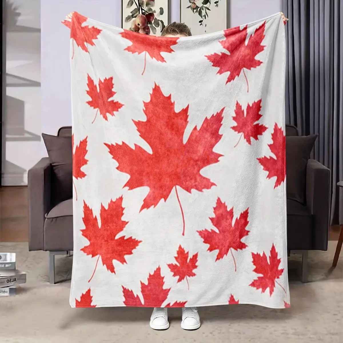 1pc Red maple leaf print blanket, polyester fabric, machine washable, suitable for bedroom and living room.