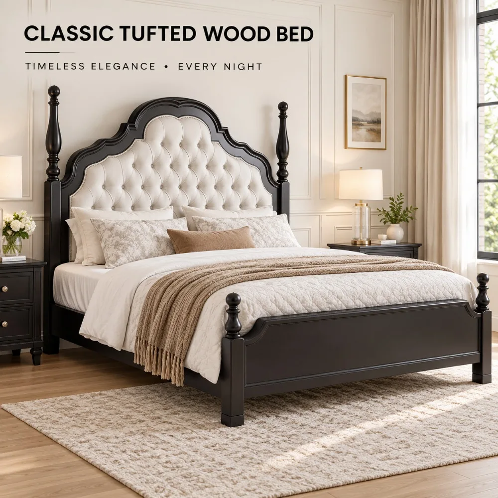 Minimalist Black 1.8m Plywood Solid Wood Double Bed, American Vintage Detachable Non-Collapsible Bed for Master Bedroom