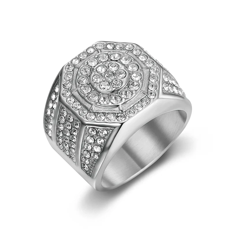 HIP Hop Bling Iced Out Stainless Steel Geometric Octagon Finger Rings for Men Rapper Jewelry Gold Silver Color Drop Shipping view 3