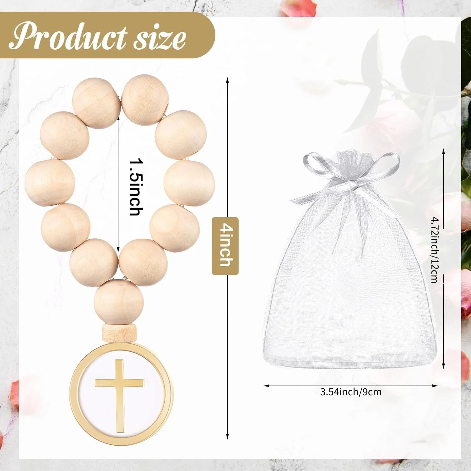 10/20Pcs First Holy Communion Favors Rosary Beads with Cross Crucifix Keychain with White Organza Bag Baptism Favors view 4