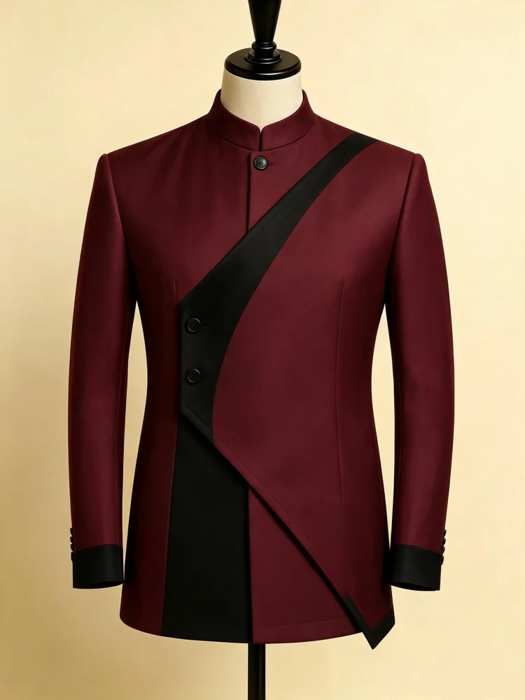 Mens Mandarin Collar Single Blazer Slim Fit Contrast Color Splicing Button Jacket New Chinese Style Business Formal Outer Coat