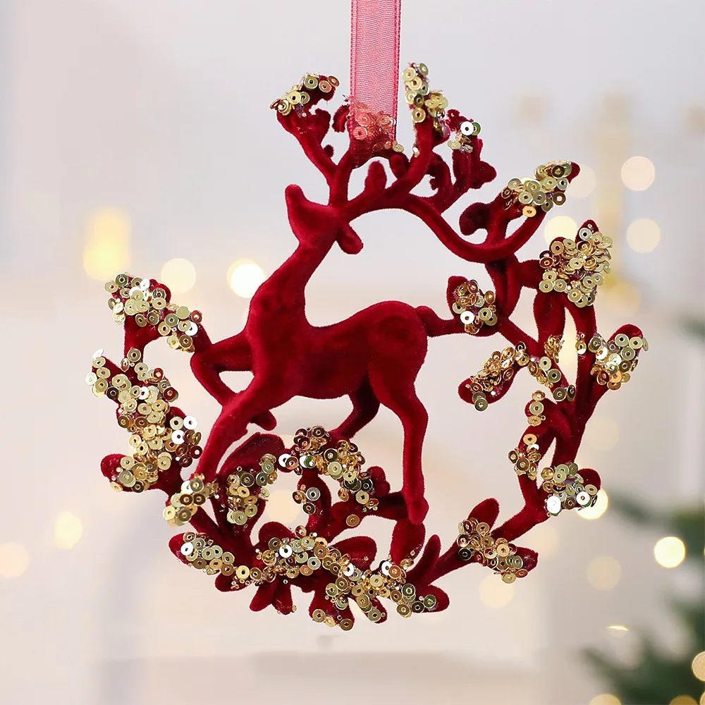 

Wine Red Christmas Tree Pendant Gold Sequin Glitter Bow Snowflake Elk Hanging Ornaments Ice Bar Butterfly Dragonfly