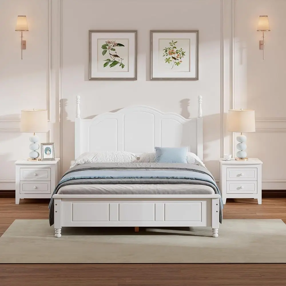 

3-Piece Bedroom Set: Full Size Wood Platform Bed Frame with Two Nightstands - White