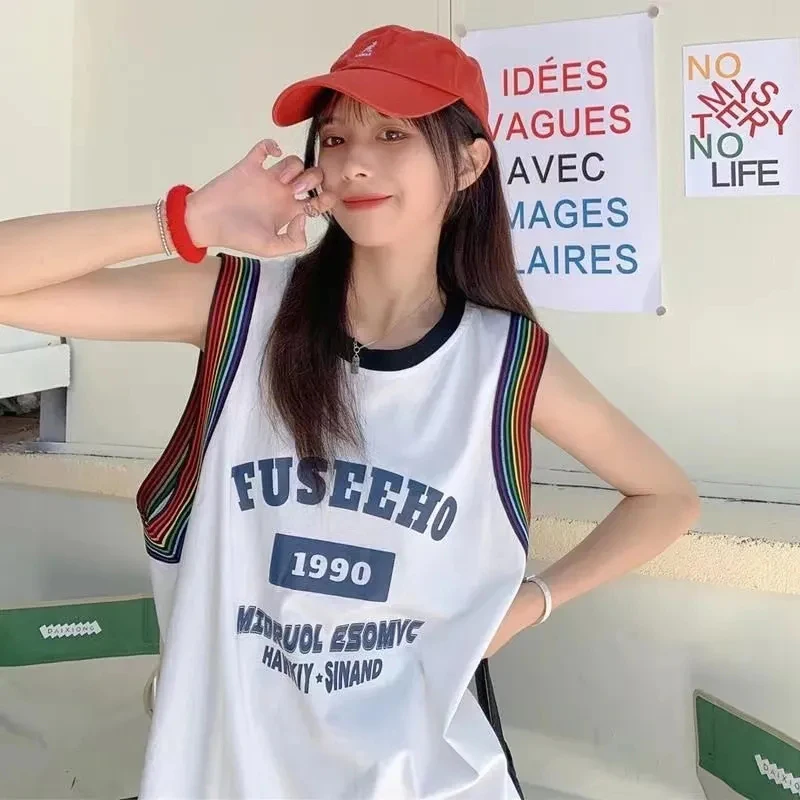 

Y2k Streetwear Sleeveless Vest Women Korean Loose Letter Cuff Rainbow T Shirt Vintage Basketball Sport Casual Uniform Top Summer