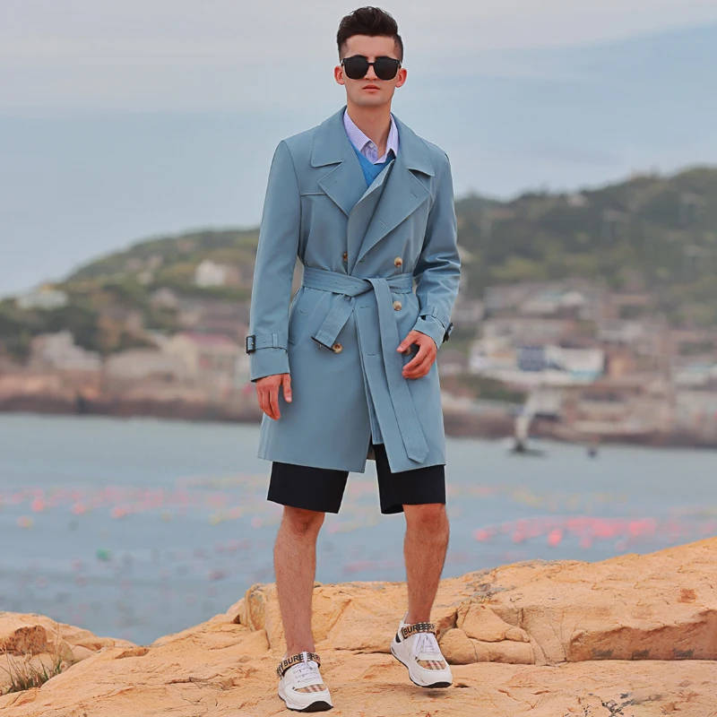 Men's Fashion Sky Blue Windbreaker - Double Lapel British Trend Trench Coat for Autumn and Winter Handsome and Thin