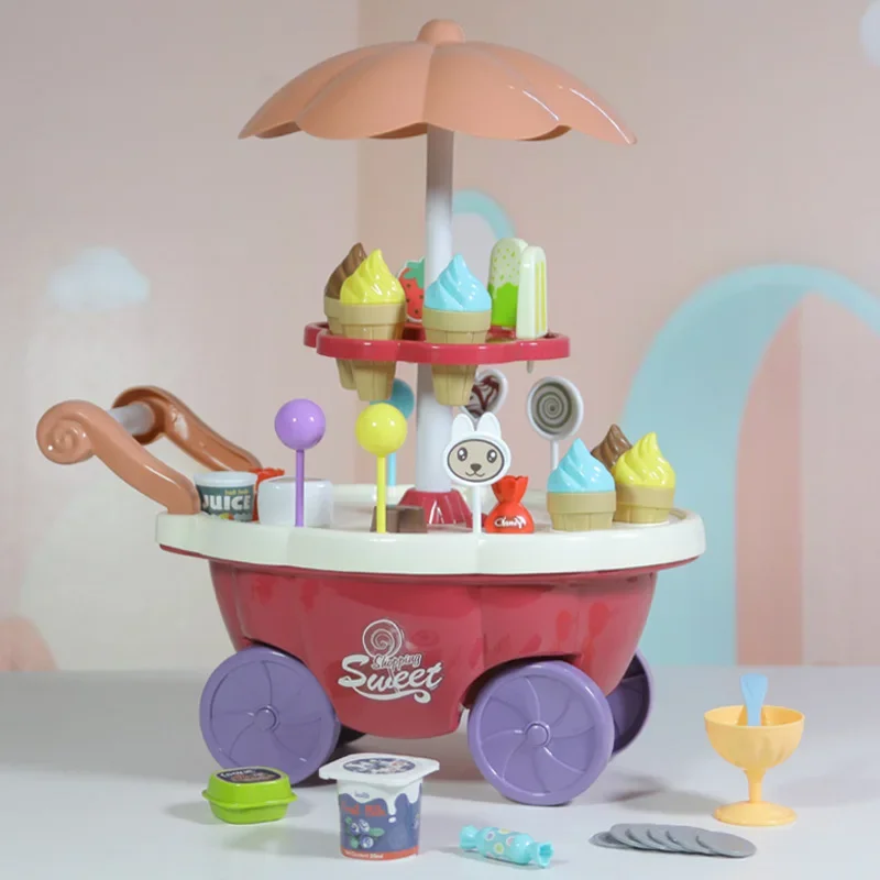 Children kitchen Pretend play home accessories simulated tableware mini ice cream candy trolley supermarket store toys Push Cars