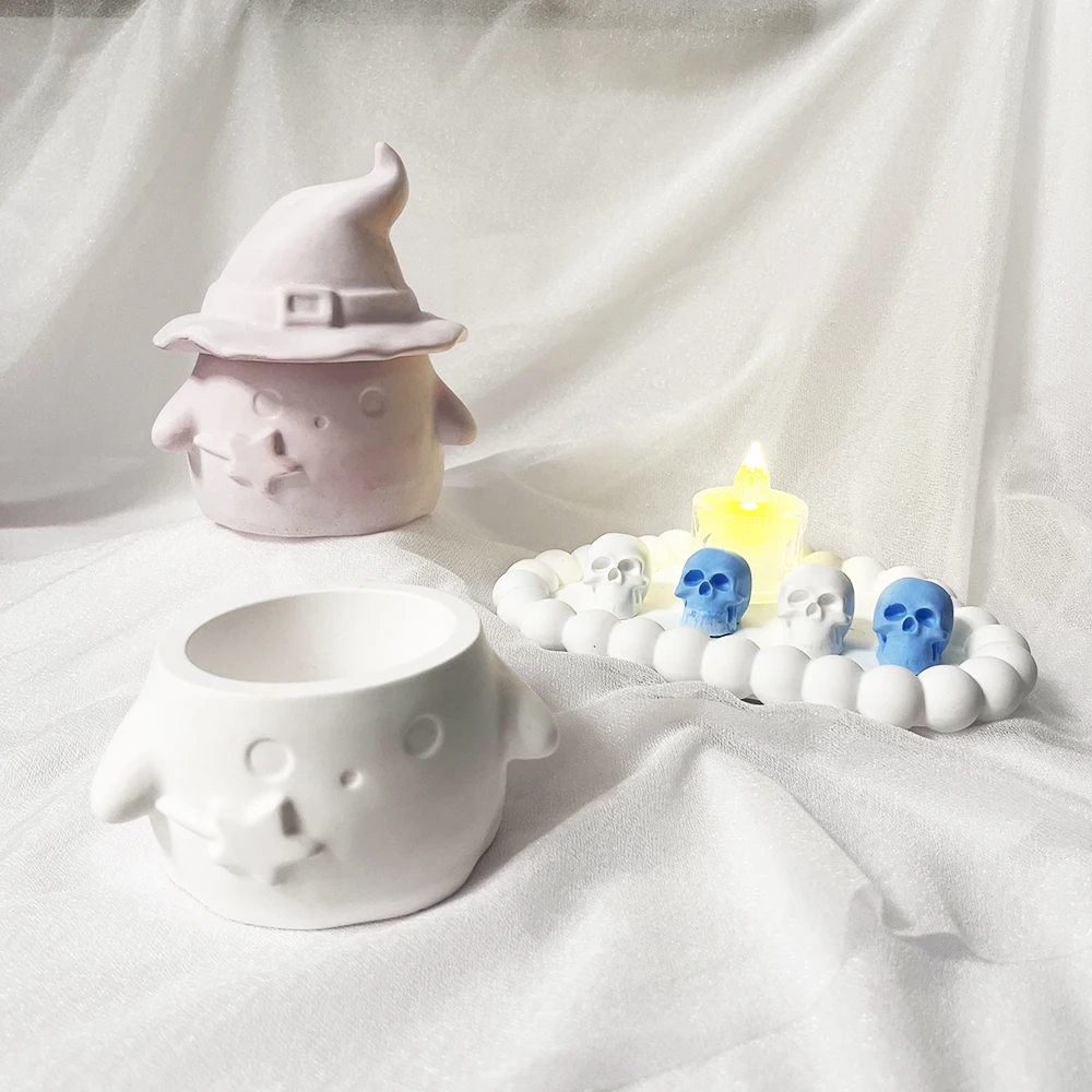 1PC Ghost Silicone Resin Mold, 3D Ghost Storage Box (with Witch Hat Design), DIY Crystal Epoxy Resin Candlestick Jar Mold,