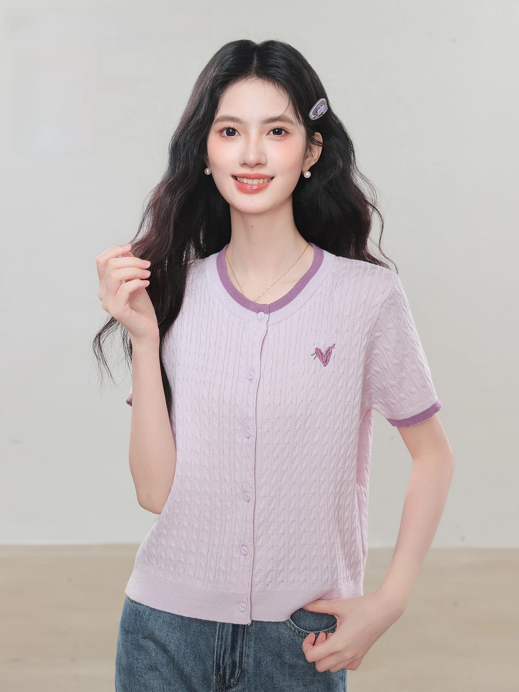 

Новый женский трикотажный топ Lingjiu 2025: приталенный, фиолетовый, с круглым вырезом, стандартной ширины плеч, для повседневной носки