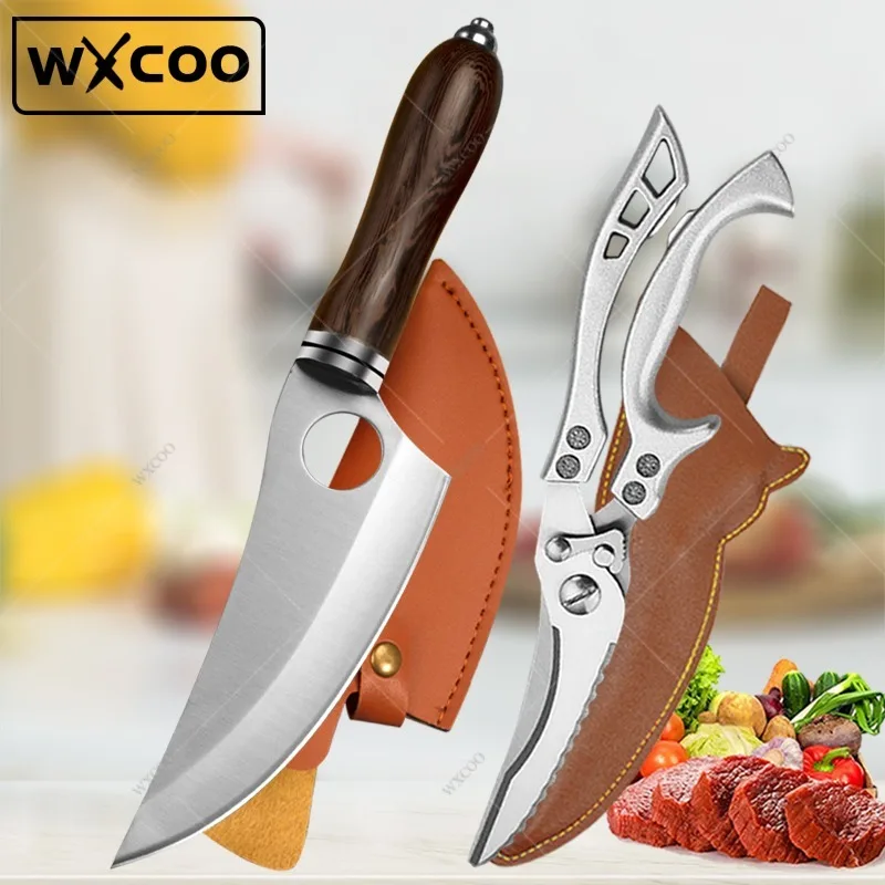 WXCOO Kitchen Scissors Boning Knife Stainless Steel Chef Meat BBQ Knife Professional Butcher Cleaver Fish Knife with Cover