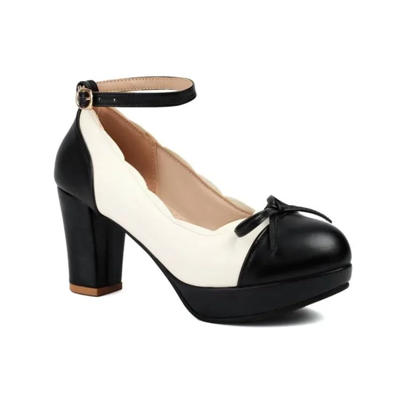 Oversize Large size Round toe thick heel upper color blocking design, single shoe bow decoration for sweetness