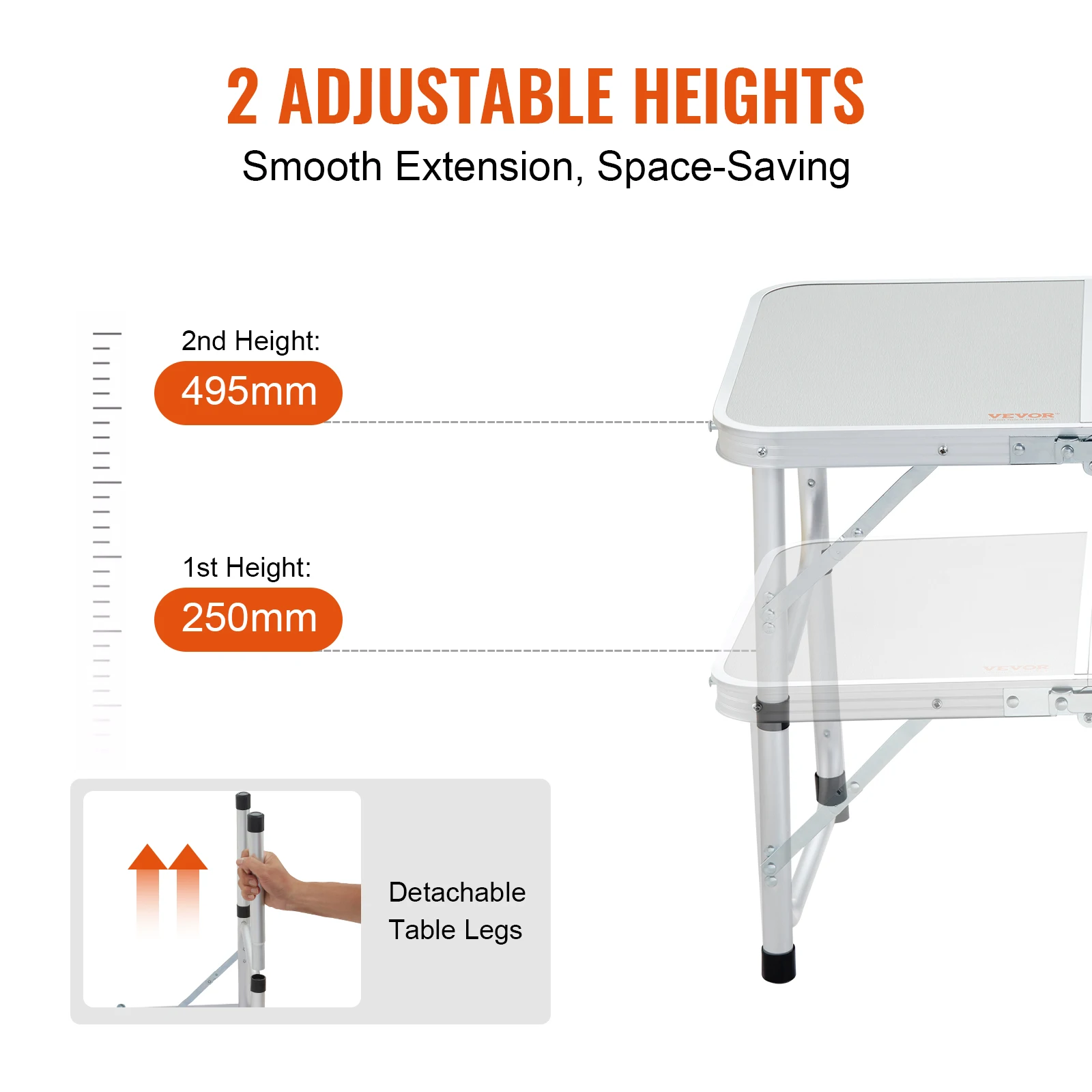 VEVOR Outdoor Folding Table Adjustable Height Portable Compact Tables Lightweight Aluminum Picnic Table For Beach/Garden/Camping image 5