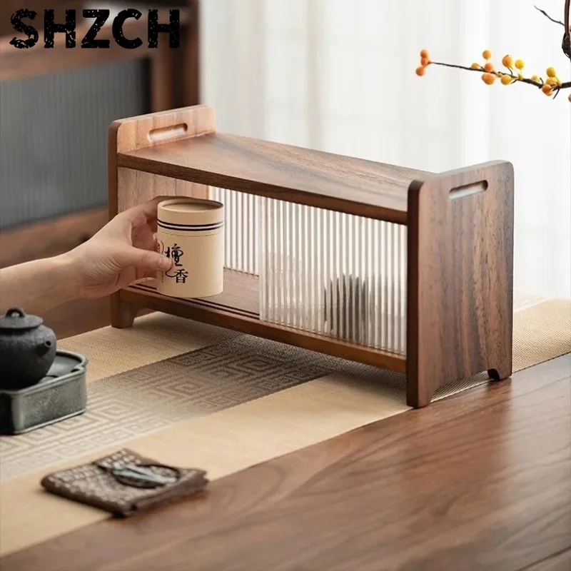 Solid Walnut Tea Shelf, Multi-level Coffee Cup Organizer, Kitchen Countertop Storage Rack