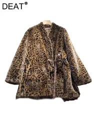 DEAT Women's Faux Fur Coat V-neck Leopard Printed Loose Pu Leather Lace-up Eco-friendly Fur Jackets Winter 2024 New Fashion