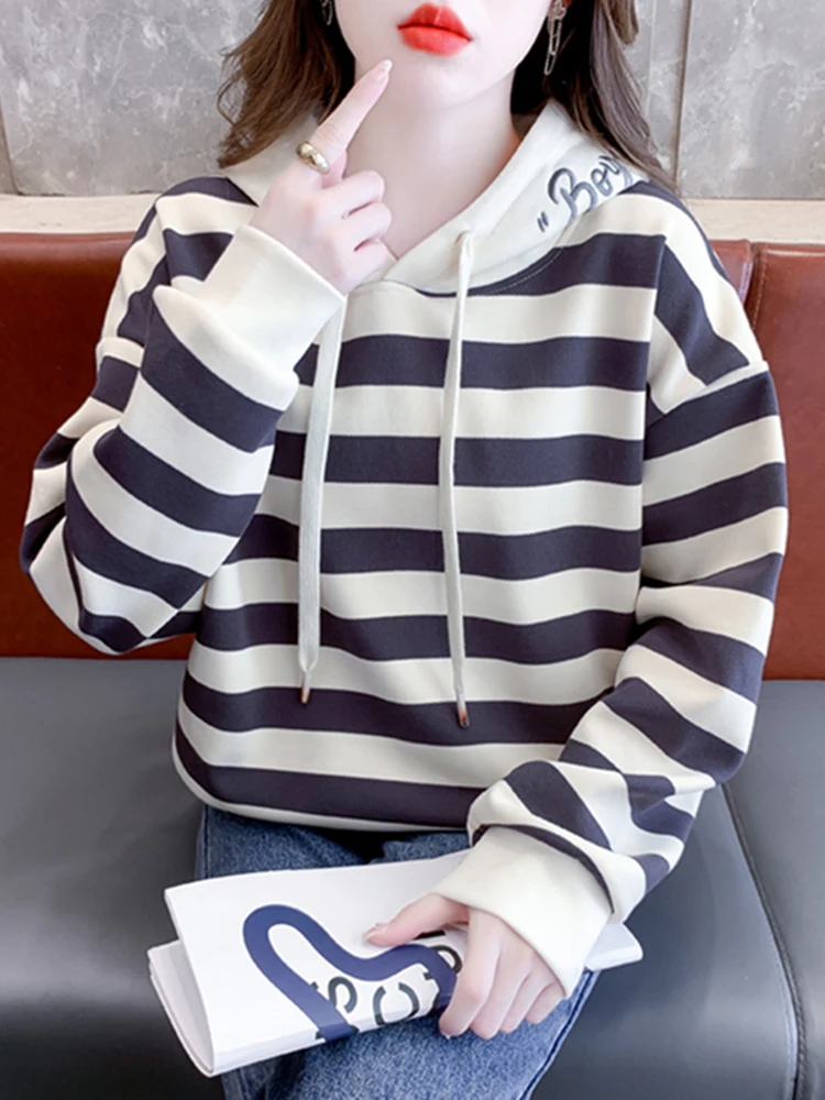 

Модная женская толстовка с полосками и вышивкой, осенне-зимняя, на флисовой подкладке, приталенная, универсальная, элегантная, облегающая.