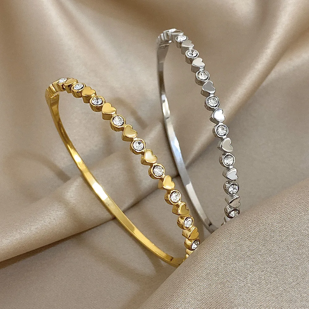 Cute Love Heart Rhinestone Beads Cuff Bracelet Fashion Glossy Gold Silver Color Stainless Steel Stacked Bangles Jewelry Gifts