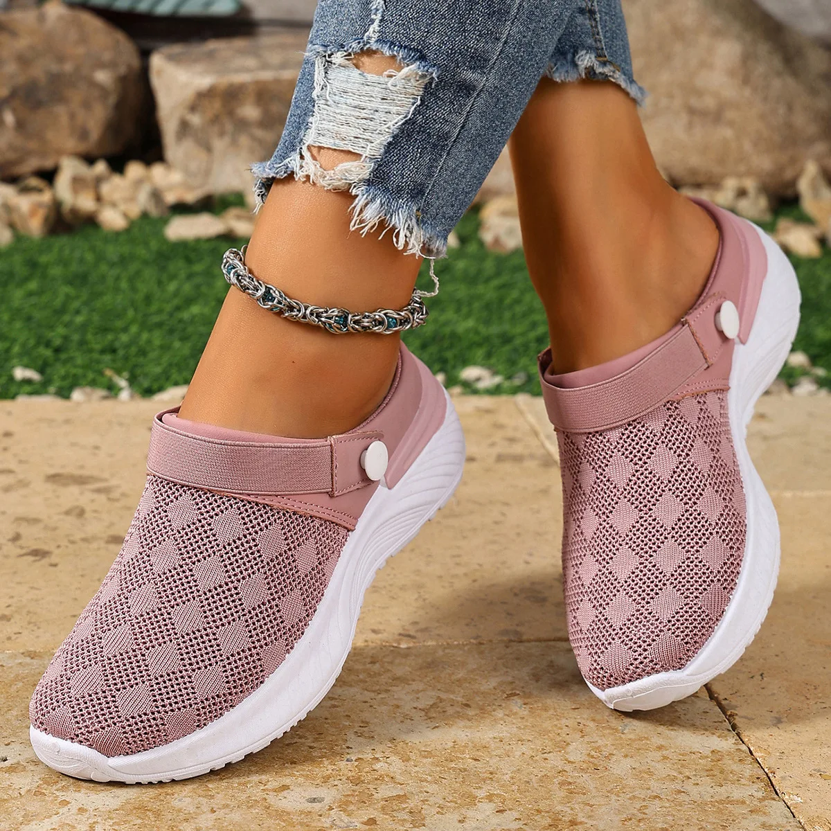 Verstellbare Schnallen-Rückenriemen Keilabsatz-Pantoletten für Damen, Atmungsaktives Strickmesh, Rutschfeste Weiche Sohle, Tägliche Geh- und Freizeitschuhe – Detail 3