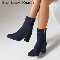 Women 2025 Autumn Pointed Toe Ankle Short Boot Woman Side Zip Thick Heeled Shoes New High Heels Blue Denim Boots