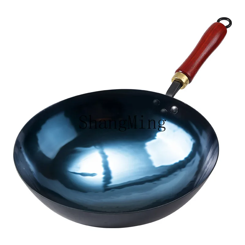 

Аутентичная чугунная сковорода-вок ручной ковки с круглым дном, старинная бытовая чугунная сковорода-вок с деревянной ручкой.