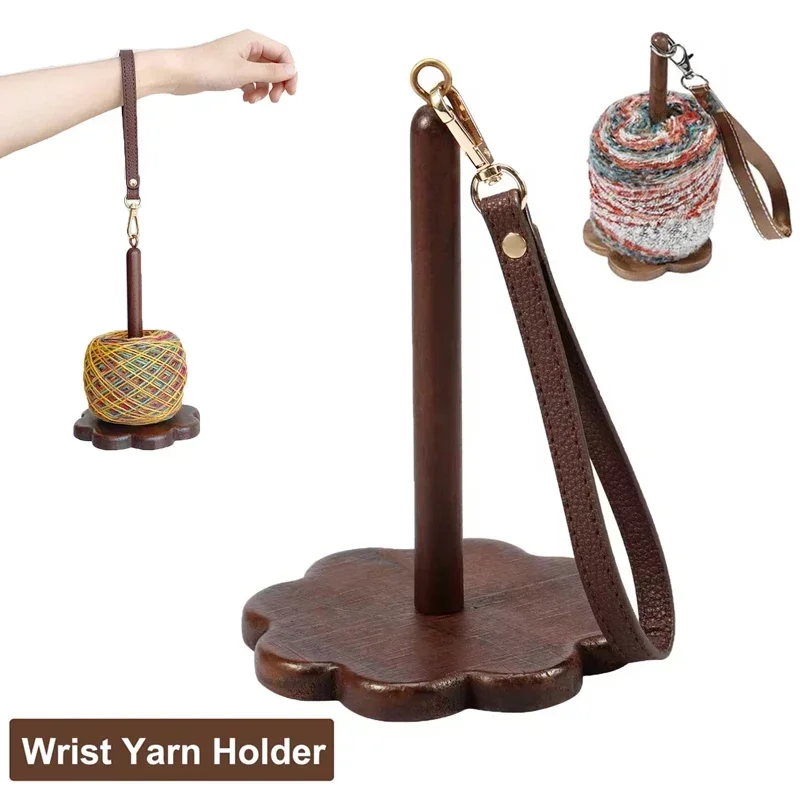 Soporte para hilo, herramientas de tejer giratorias de madera, soporte portátil para hilo de muñeca, carrete de hilo de coser DIY con correa para la muñeca, enrollador de bolas de lana