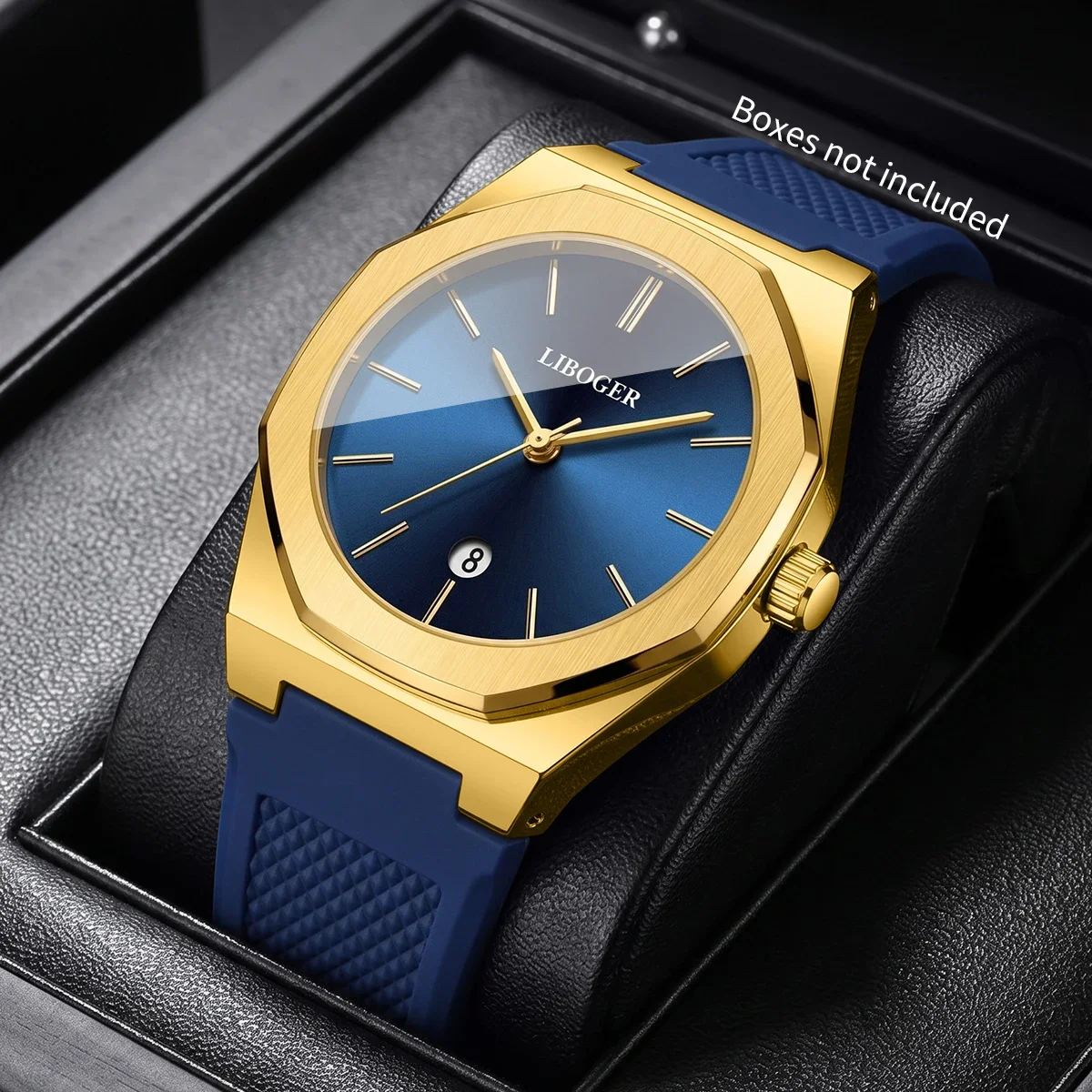 Casual Blue Silicone Strap Sports Men Quartz Watch Fashion Octagonal Calendar Wristwatches Relogio Masculino（Without Box）