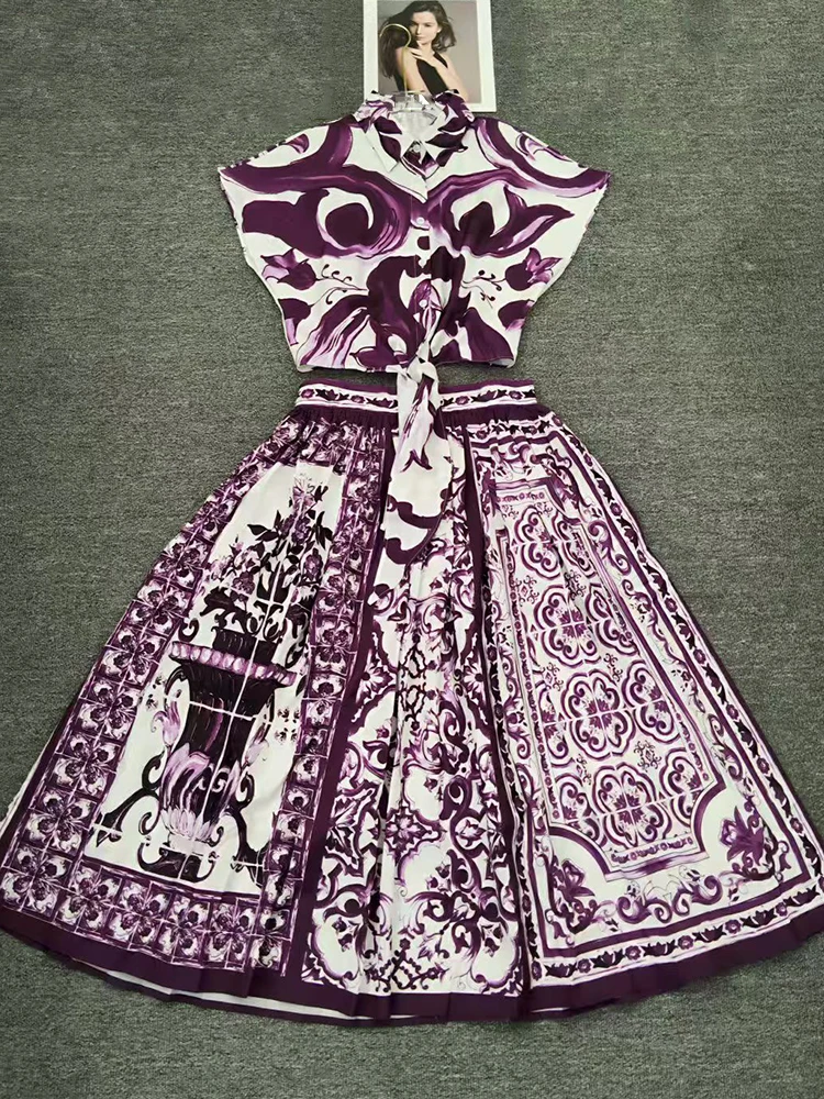 

2025 Summer Women's retro geometric print lapel tie waist-cinching short shirt two-piece set + A-line loose skirt Fashion set