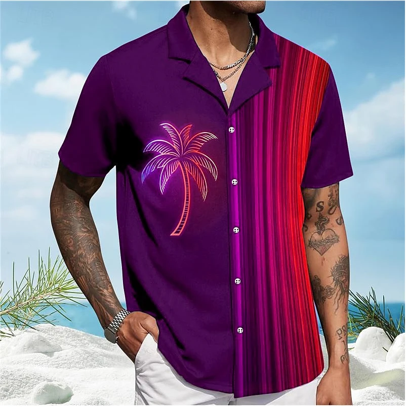 Palm Tree Men's Cardigan Vacation Hawaii 3D Printing Holiday Beach Summer Lapel Short Sleeve Purple Casual Shirt Tops