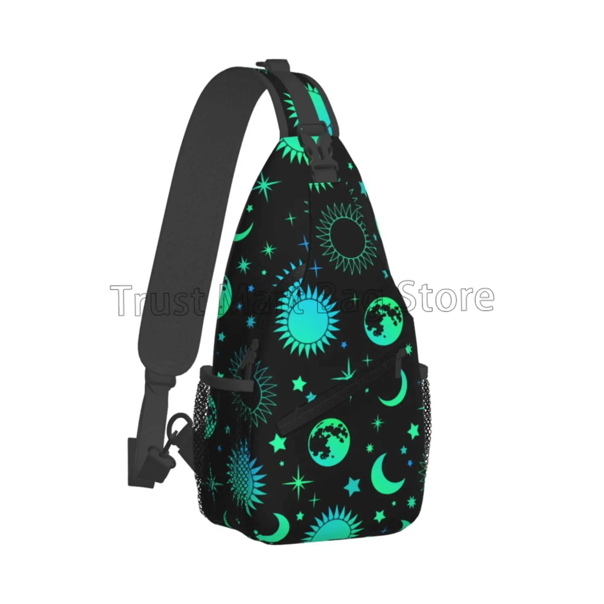 Vintage Neon Green Esoteric Sun Moon Print Sling Backpack Shoulder Chest Bag Crossbody Daypack for Men Women Hiking Travel