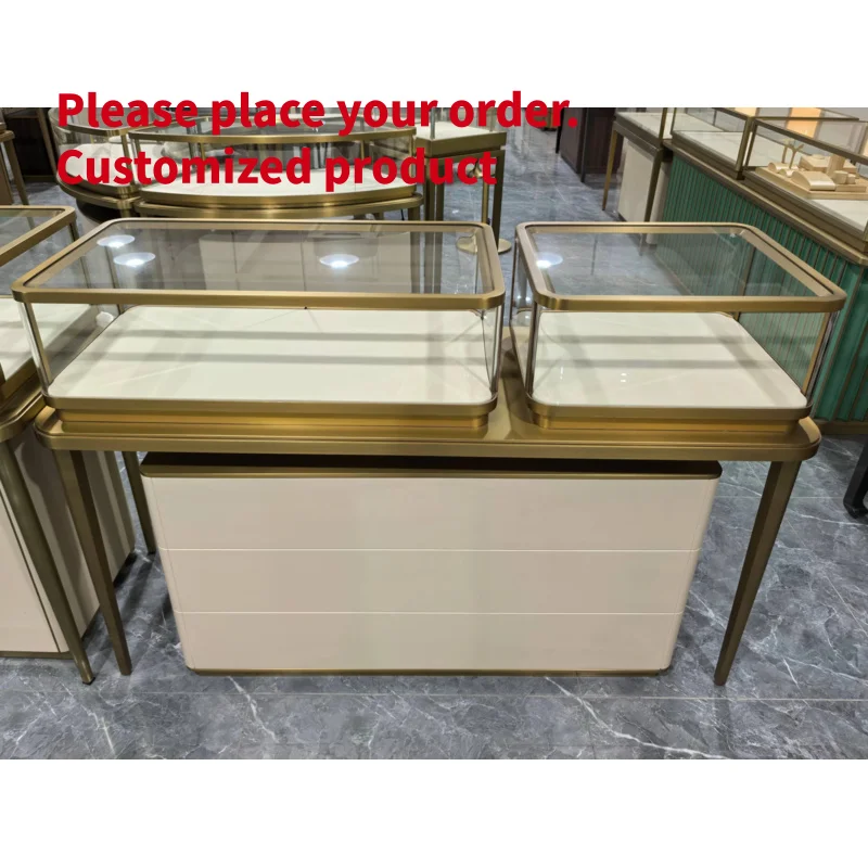 custom.Luxury Gold Stainless Steel Jewelry Display Counter with Storage Drawers Rounded Glass Showcase Set