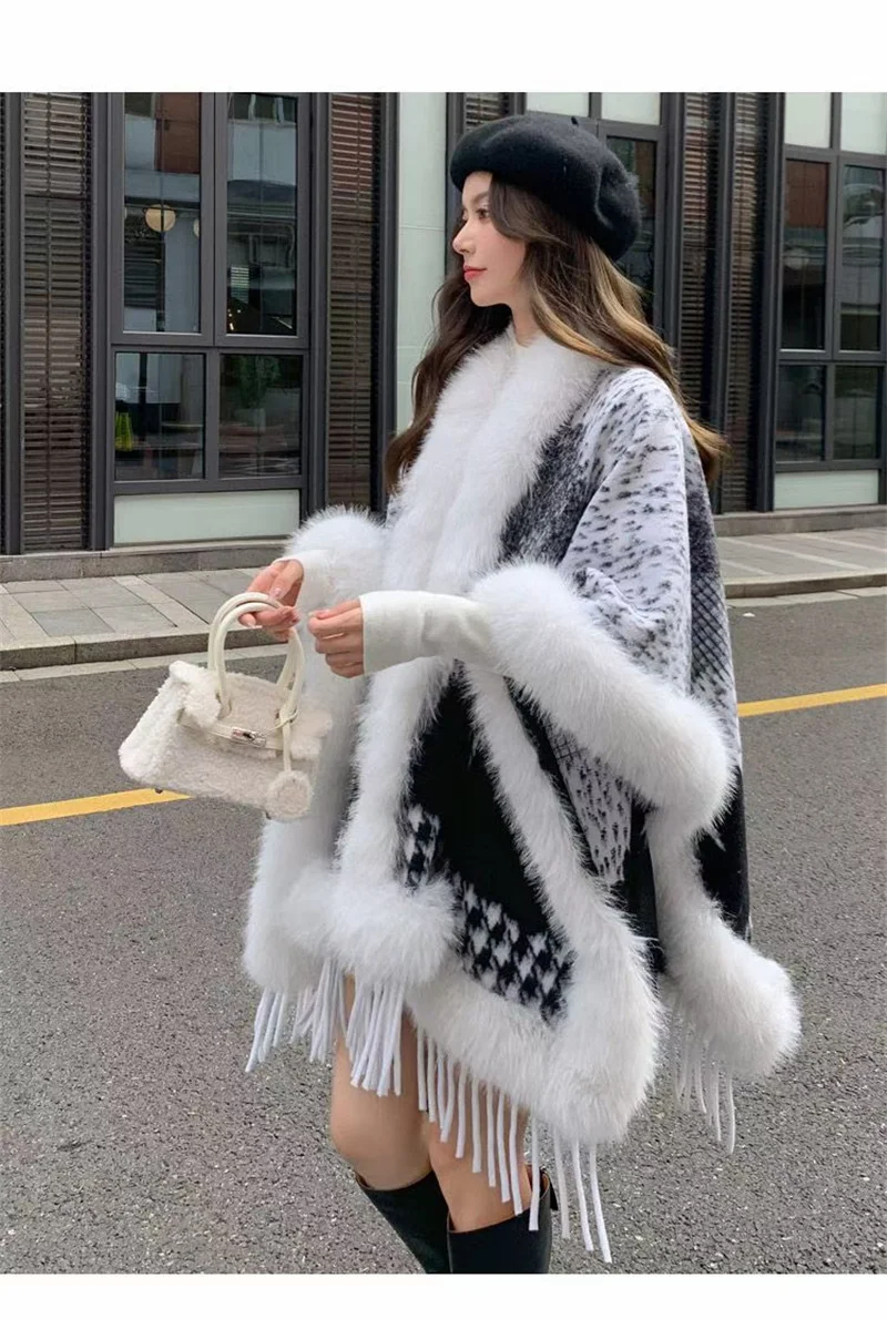 Women Loose Faux Fur Ball Out Street Wear Winter Warm Cardigan Shawl Cape Oversize Lining Velvet Cloak Overcoat Poncho