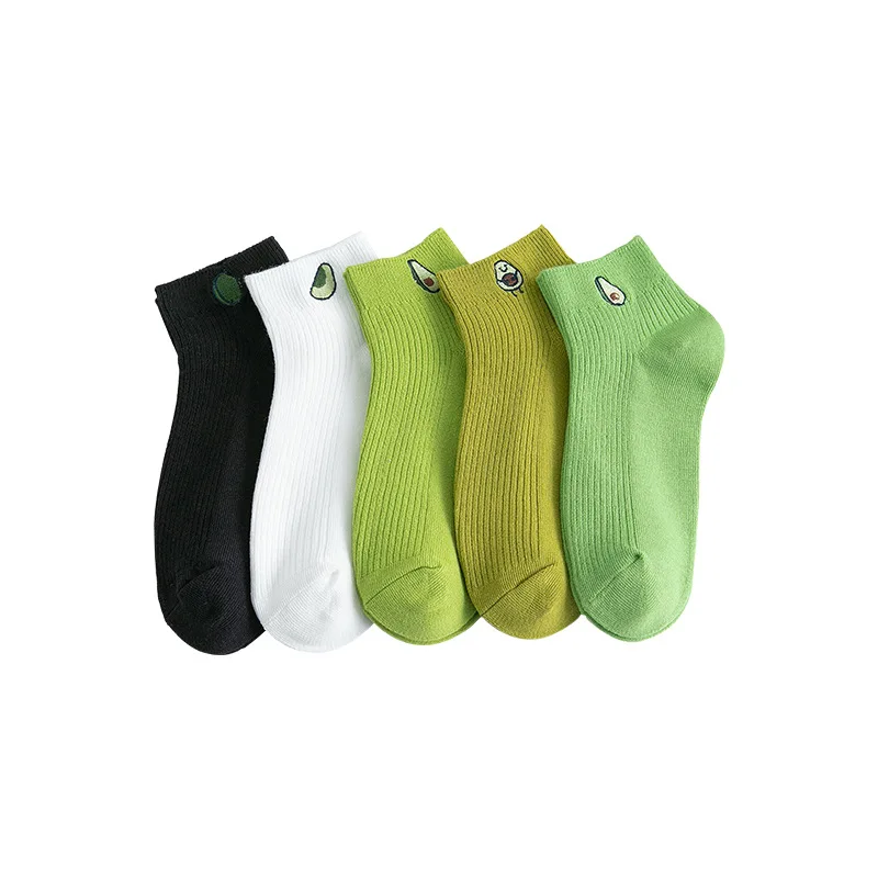 5 Pairs Women Spring And Summer Socks Korean Version Of Small Fresh Avocado Green Socks Thin Striped Shallow Short Socks EU35-39