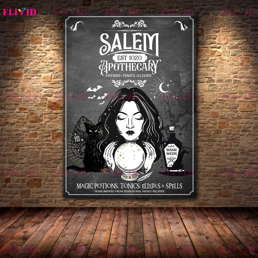Gothic Occult Witch Canvas Wall Decor, Salem Apothecary Black Cat Magic Potion Print, Dark Halloween Art Poster Home Decor