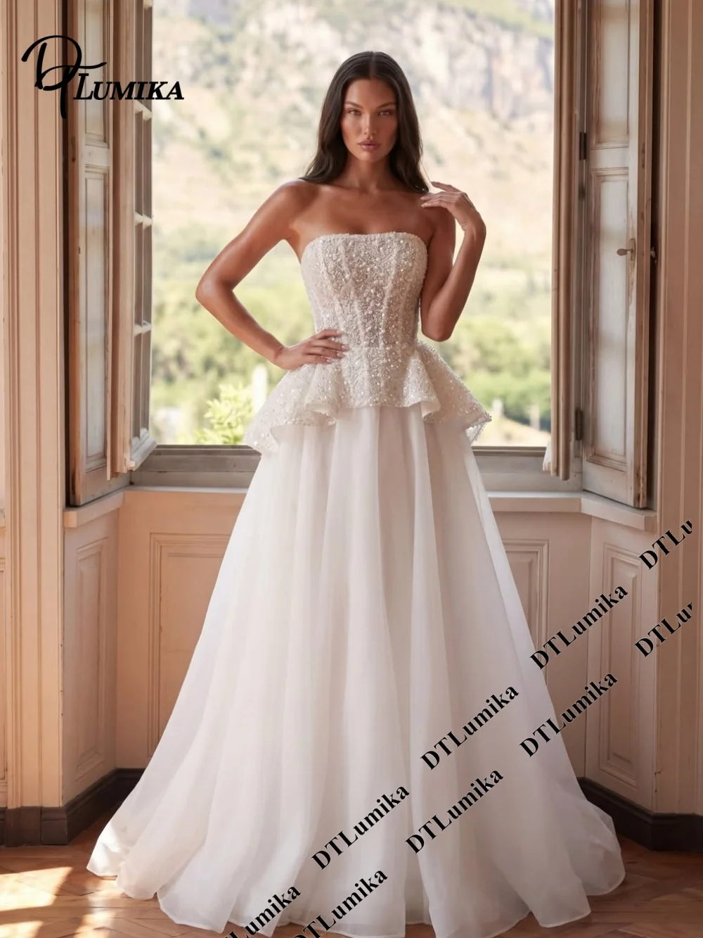 Beaded Peplum A-Line Bridal Gown with Flowy Tulle Skirt Vintage Boho Wedding Dress Elegant White Wedding Dresses Strapless