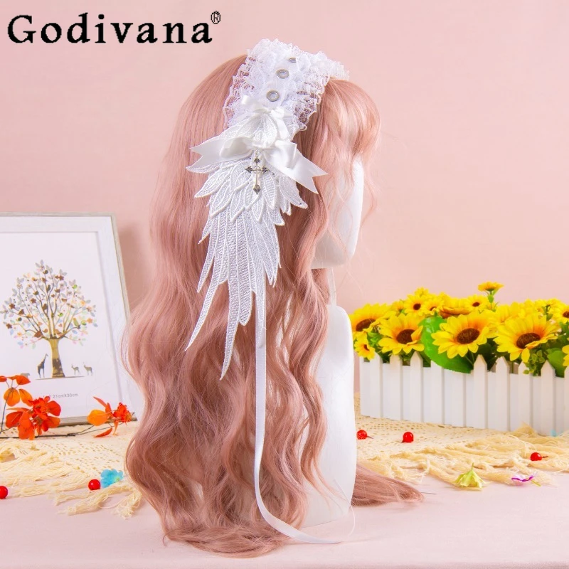 Fascia per capelli con ali incrociate in bianco e nero per ragazze Lolita Accessori per capelli dal design originale Fascia per capelli stile ragazza calda punk gotico da donna