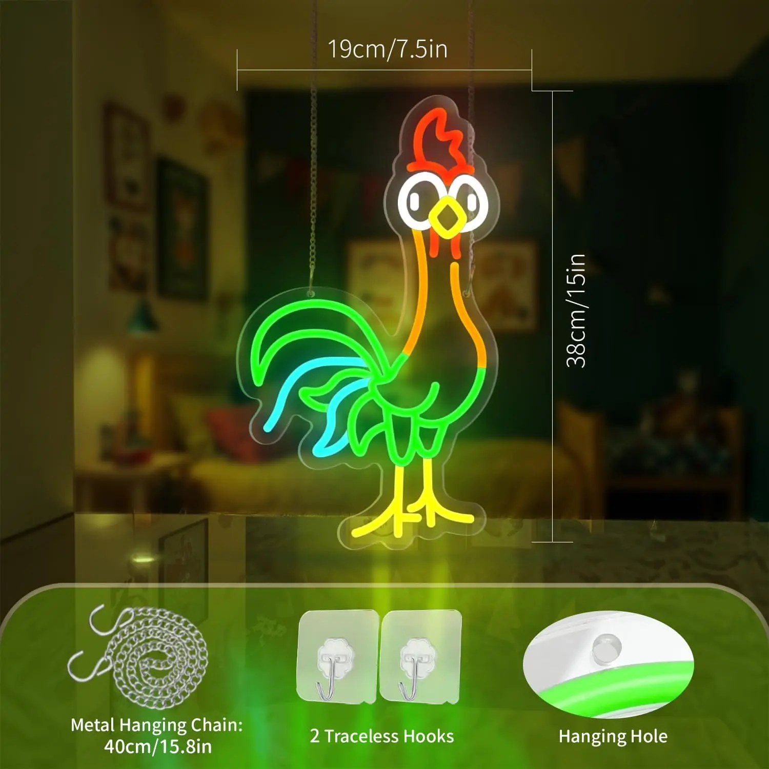 Rooster Neon Sign USB Dimmable Funny Chicken LED Sign for Bedroom Princess Room Cinema Restaurant Farmhouse Bar Party Decoration