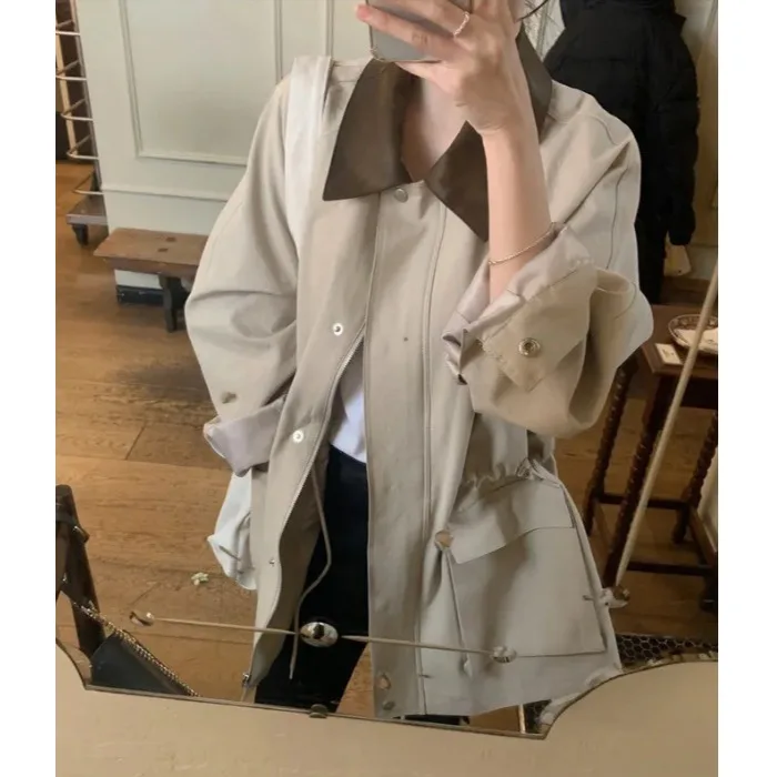 

Women's Casual Hooded Lapel Jaet Spring Autumn New Sle Color Blo Dstring Retro Small ket Leisure Coat Top