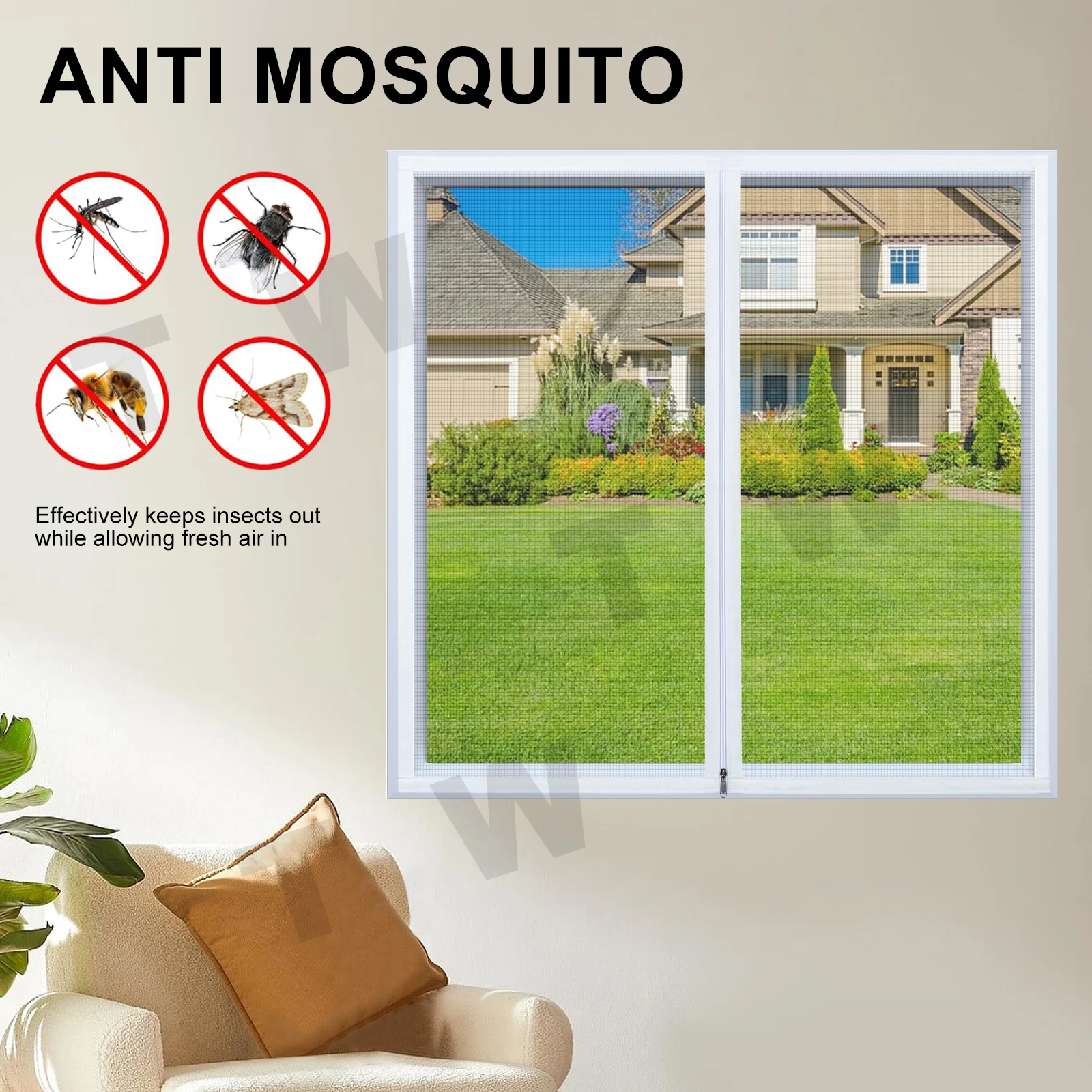 1PC Self-Adhesive No-Drill Window Screen with Hidden Zipper for Mosquito and Insect Protection, Easy Installation for Home Use