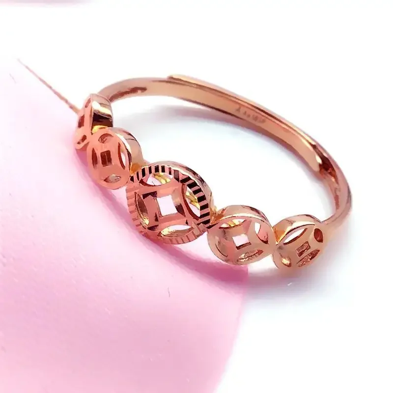 Copper Coin Resizable Rings for Women Classic Chinese Style Fashion Wedding Plated Rose Gold Jewelry Gift